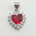 Silver necklace with heart pendant featuring a red gemstone surrounded by clear crystals - Heart Rhinestone Red DL0079 Silver Pendant