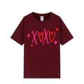 Burgundy cotton T-shirt featuring pink heart XOXO graphic print in a loose fit style - Wine Red (XOXO Print)