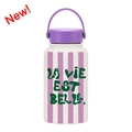 650ml purple striped sport water bottle with La Vie Est Belle print and carry loop - White Purple Striped La Vie Est Belle