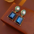 Vintage gold jewelry set featuring pearl and blue gemstone earrings on leather - 1# Silver Pin Earrings-Gold-Blue