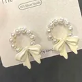 Franse retro strik parel oorbellen met 925 zilveren naalden voor dames accessoires - 925 Zilveren Naald/Legering/Synthetische Parel / Crèmewitte Parel Strik