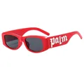 Kids bright red square sunglasses with dark grey lenses and palm typography on arms - Red Frame Gray Lens