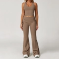 Mocha brown yoga set with halter v-neck top and high waisted flared pants with tie waist - S / Top And Bottom / Sand Brown
