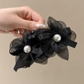 Pince à cheveux fleur en organza noir ornée de perles blanches pour style élégant - 1# Nœud Noir 4 Fleurs 7*12cm