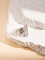 Silver adjustable monstera leaf open ring with detailed tropical plant leaf texture - Silver Double Willow Leaf Ring / Steel
