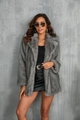 Detail of grey faux fur coat featuring fluffy texture and classic suit lapel collar - Dark Gray