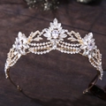 Floral bridal tiara in gold finish with sparkling crystals and leaves for wedding style - KC Gold White Zircon