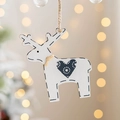 White wooden reindeer Christmas ornament with blue heart detail and hanging jute rope - White Deer