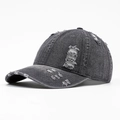 Distressed dark grey denim baseball cap with vintage ripped details and curved brim - Adjustable / Dark Gray