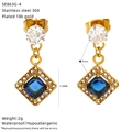 Detail of 18k gold plated stainless steel square zircon earrings with dimensions and specs - Blue (SE863G-4)