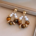 Geometric round drop earrings with brown tiger eye stone and white pearls in gold finish - 35# Silver Pin - Gold - Brown