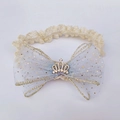 Detail of baby headband with blue mesh bow, lace band and gold crown rhinestone - Crown R-Style / Light Blue