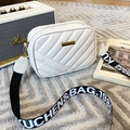 White quilted embroidery camera bag with stylish wide black and white letter strap - White