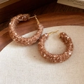 Close-up of brown leopard pattern fabric wrapped hoop earrings with gold accents - Mixed Color Plush Hoop Style (No. 15 Silver Earring Post - Brown)