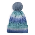 Detailed cable knit texture and faux fur pompom on blue gradient winter beanie - Blue-Green Gradient
