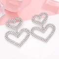 Elegant silver double hollow heart earrings encrusted with sparkling white rhinestones - Silver Pave (A-1030)