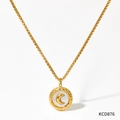 Golden box chain necklace with white mother-of-pearl moon pendant and hammered metal rim - Gold Necklace (KCD876)