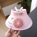 Pink kids sun visor with built-in solar fan and cute 3D cartoon bunny decoration - Rechargeable Fan Style / Ice Silk Animal Fan-Pink Rabbit