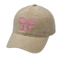 Pink bow embroidery baseball cap in vintage washed khaki cotton with adjustable strap - M (56-58cm) / Khaki