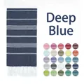 Navy blue Turkish beach towel with white stripes and tassels beside a 25-color swatch grid - Navy Blue