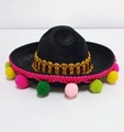 Mini black felt Mexican party hat headband with pink fringe and colorful pom-poms - Black Felt-Colorful Pompoms-Sequin Band