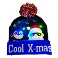 Black knit LED Christmas hat with blue cuff featuring Santa Claus and penguin graphics - Cartoon Santa Head
