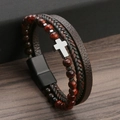 Detail of men's leather bracelet with red tiger eye beads and silver metal cross charm - Coffee+Red Tiger Eye