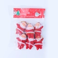 Detail of six mini Santa Claus ornaments with gold strings in retail packaging for tree decor - 6 Pieces Per Bag / Red