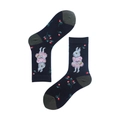 Navy blue cotton socks with cute rabbit and berry patterns featuring grey heel and toe - 35-39 / Rabbit in Pink Dress