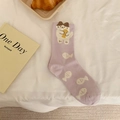 Calze viola da donna con gatto cartoon 3D e motivi di piccoli pesci in cotone - Taglia unica / Gatto e Pesce Viola