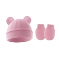Detailed view of pink knitted baby hat with bear ears and matching anti-scratch mittens - Hat And Gloves / Deep Pink