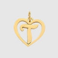 Polished gold heart pendant with hollow letter T design and smooth mirror finish - Letter T