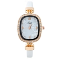 Elegant white leather watch with rhinestone oval gold case and mother-of-pearl dial - White