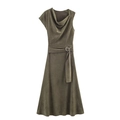 Abito midi asimmetrico verde militare in finta pelle scamosciata con scollo a cappuccio - XS / verde oliva