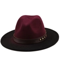 Close-up of felt fedora with burgundy crown, black brim and leather belt with gold studs - M (56-58cm) / Wine Red/Black Stitching (09)