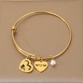 Adjustable gold MOM bangle with heart pendant, mother-child silhouette and white pearl - Pearl Rhinestone Mother-Child Style (KB203625-Z)