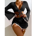 Conjunto de bikini negro de tres piezas con flecos blancos y pareo de manga larga - S / Negro