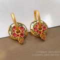 Golden enamel earrings with colorful hand-painted floral motifs and vibrant color contrast - T2415 Style / Color Patchwork Floral