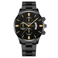 Business men's black steel quartz watch with gold accents and chronograph sub-dials - Black Dial Gold Tone Black Band (Fork Lug Version)