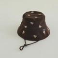 Detail of dark brown corduroy toddler bucket hat with bear embroidery and chin strap - 50cm (1-3 Years) / Coffee