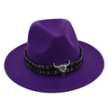 Detail of purple felt fedora hat featuring bohemian band and silver ox head metal buckle - Purple (Colored Steer)