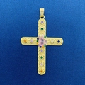 Gold hollow cross pendant with pink center stone and multicolor zircon stones - Gold Hollow Relief Colorful Cross (763)