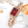Elegant rectangular women's watch with wine red dial and rose gold rhinestone bracelet - Red Dial