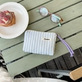 Portable light green striped mini cosmetic bag with purple zipper pull and fabric label - Green Stripes