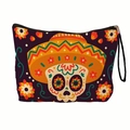 Cosmetica tas met Mexicaanse schedel print en handig polsbandje voor op reis - Paarse Sombrero Schedel Stijl (xy-037-01) / 17x25cm Met Polsband