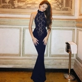 Elegant navy blue lace halter neck mermaid evening dress in a slim fit silhouette - Navy Blue