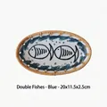 Japanese ceramic snack plate with double fish pattern and rattan edge - Blue - Blue Double Fish Style