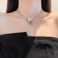 Silver butterfly necklace with pink and black grape bead tassels and long chains - Silver (Rhinestone Grape Tassel)