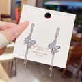 Silver butterfly earrings with long tassels and 925 silver needles featuring sparkling zircons - Silver Butterfly Tassel (E0433)
