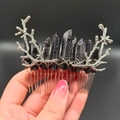Gothic style hair comb with raw black crystal pillars and silver branch detailing - Black + Branch